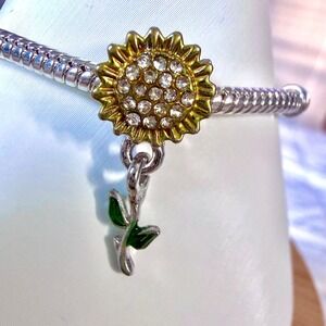 Sunflower Dangle Bead Charm Fits Snake Chain Bracelet Yellow Green Silver